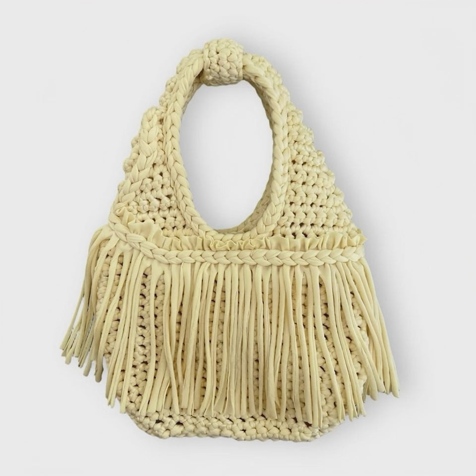 Handmade daffodil yellow crochet fringe mini swing bag