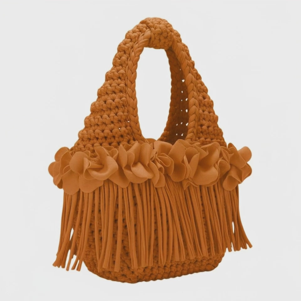 Handmade cinnamon brown crochet flower fringe mini swing bag