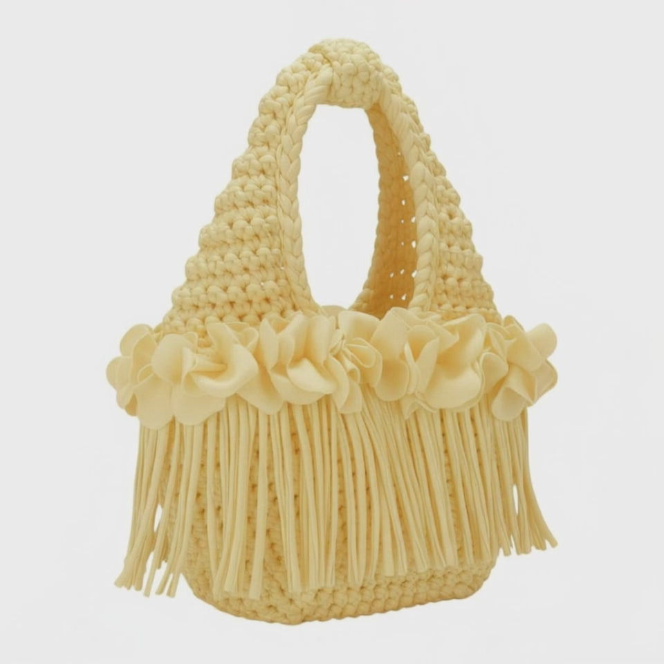 Handmade daffodil yellow crochet flower fringe mini swing bag