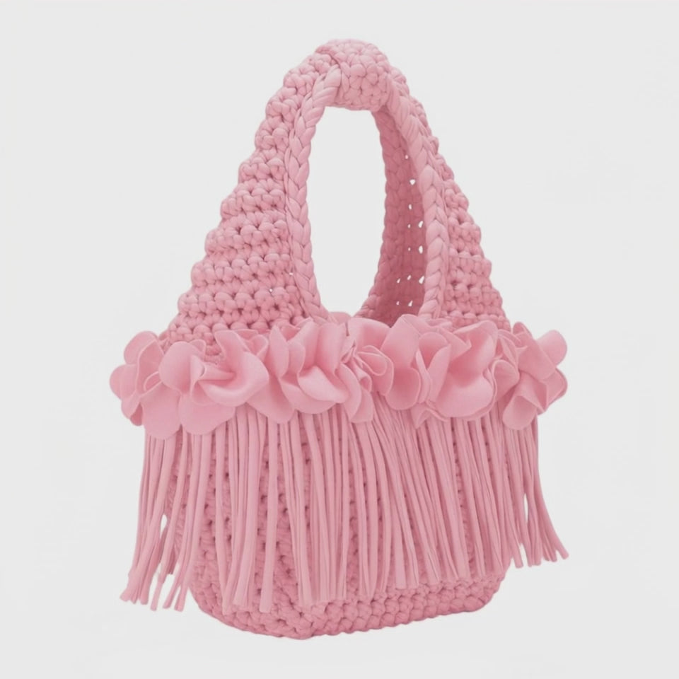 Handmade petal pink crochet flower fringe mini swing bag