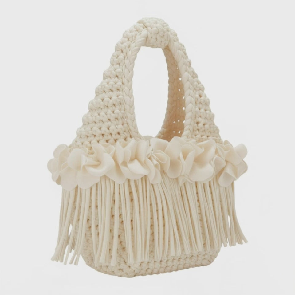 Handmade magnolia cream crochet flower fringe mini swing bag