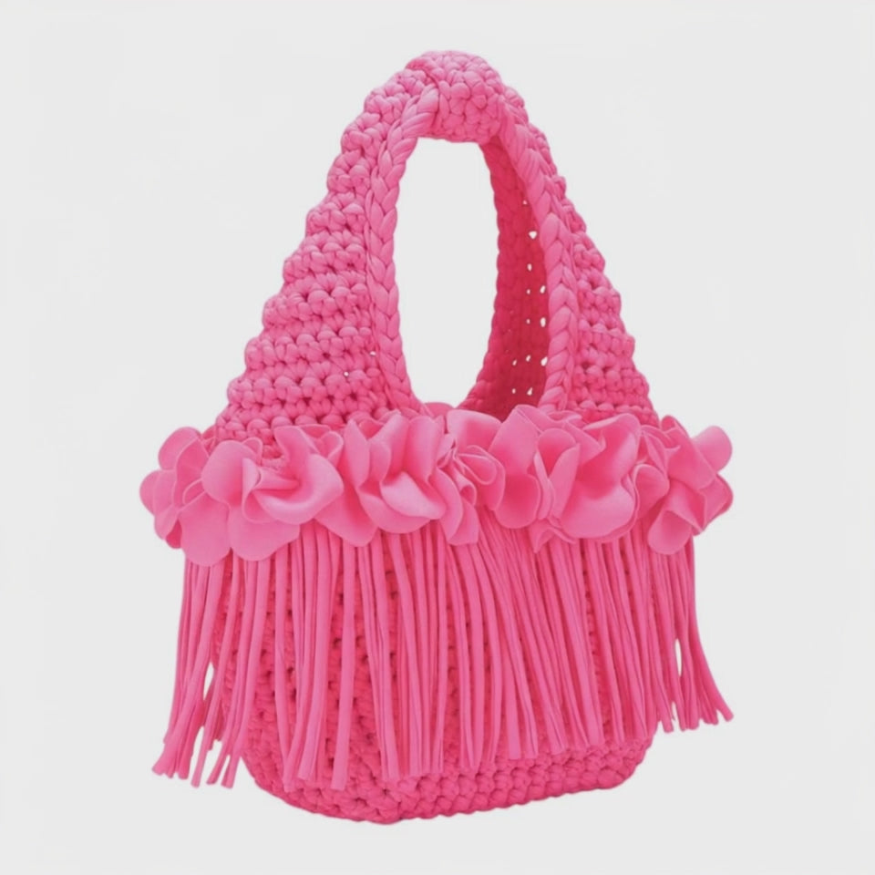 Handmade hibiscus hot pink crochet flower fringe mini swing bag
