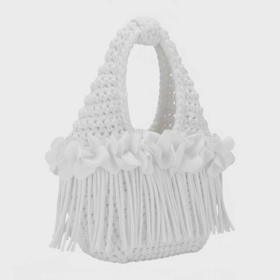 Handmade gardenia white crochet flower fringe mini swing bag