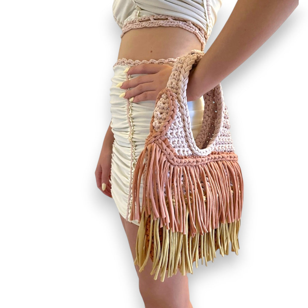 Handmade canyon rose neutral crochet double fringe tote swing bag