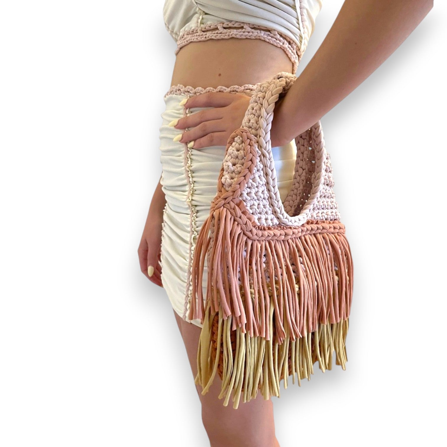 Handmade canyon rose neutral crochet double fringe tote swing bag